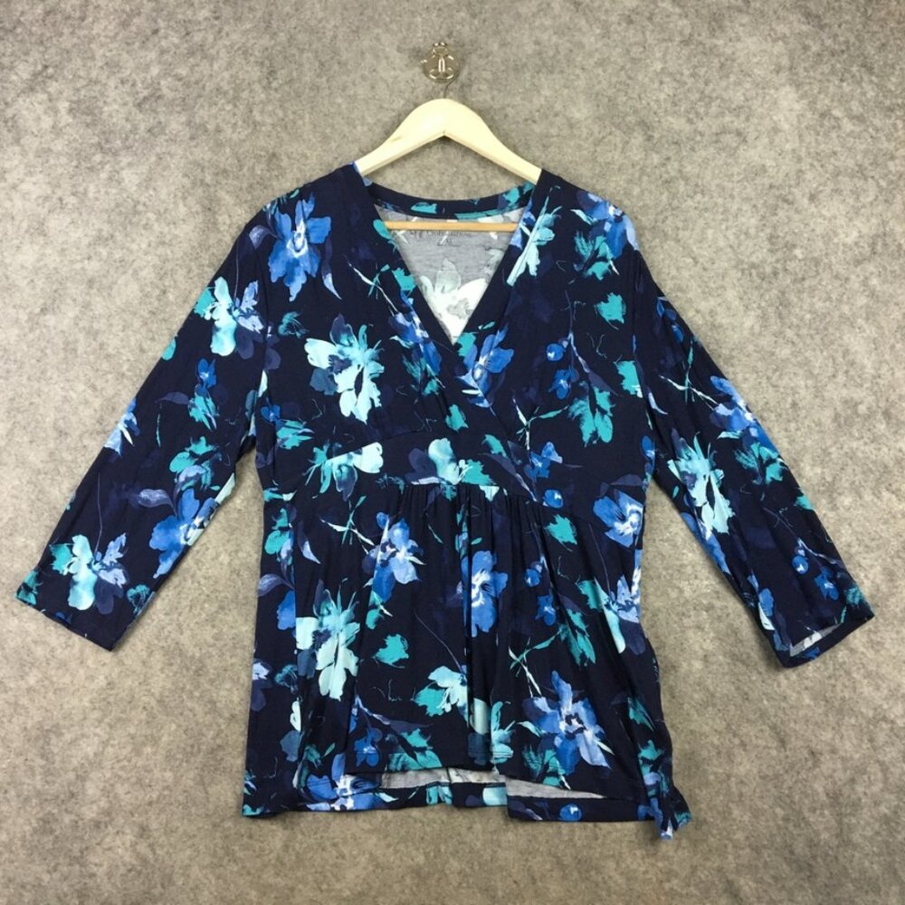 Croft Barrow Top XL Blue Floral V Neck Pleated 3/4 Sleeve Jersey Knit Casual
